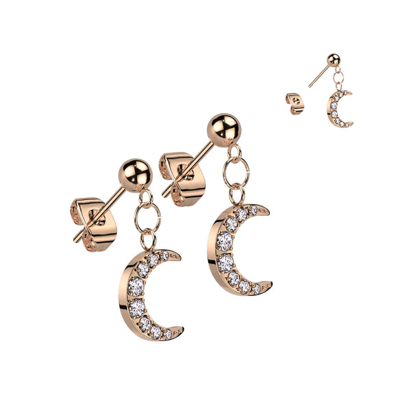 Pair of 316L Surgical Steel Rose Gold PVD Ball Large White CZ Crescent Moon Dangle Stud Earrings - Pierced Universe
