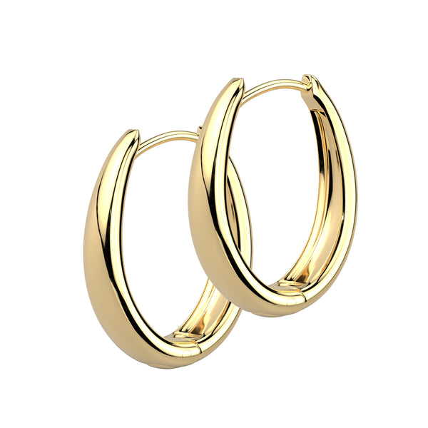 Pair of 316L Surgical Steel Gold PVD Long Oval Hinged Hoop Earrings - Pierced Universe