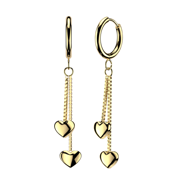 Pair of 316L Surgical Steel Gold PVD Long Heart Dangle Hoop Earrings - Pierced Universe