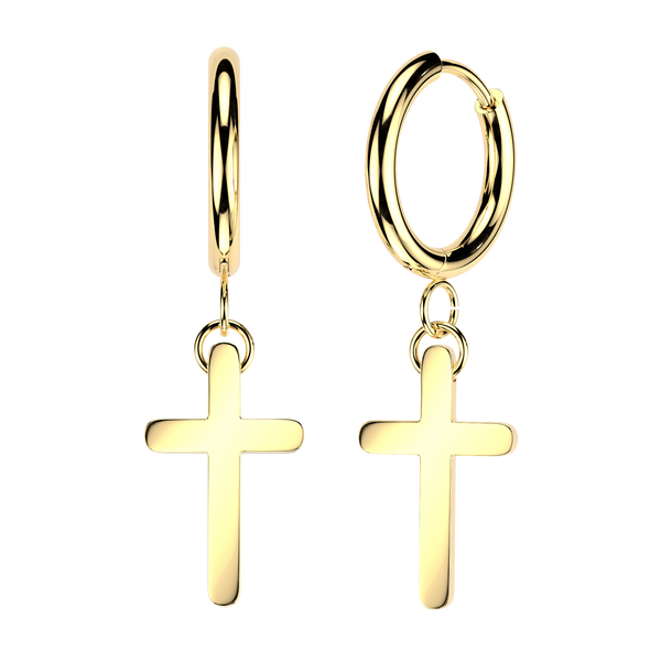 Pair of 316L Surgical Steel Gold PVD Basic Minimal Cross Dangle Hinged Hoop Earrings
