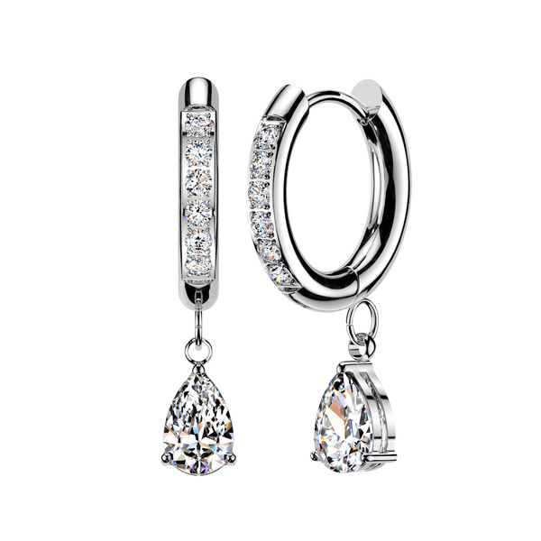 Pair of 316L Surgical Steel White CZ Teardrop Dangle Hinged Hoop Earrings - Pierced Universe