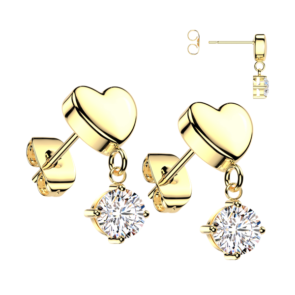 Pair of 316L Surgical Steel Gold PVD Heart White CZ Dangle Stud Earrings
