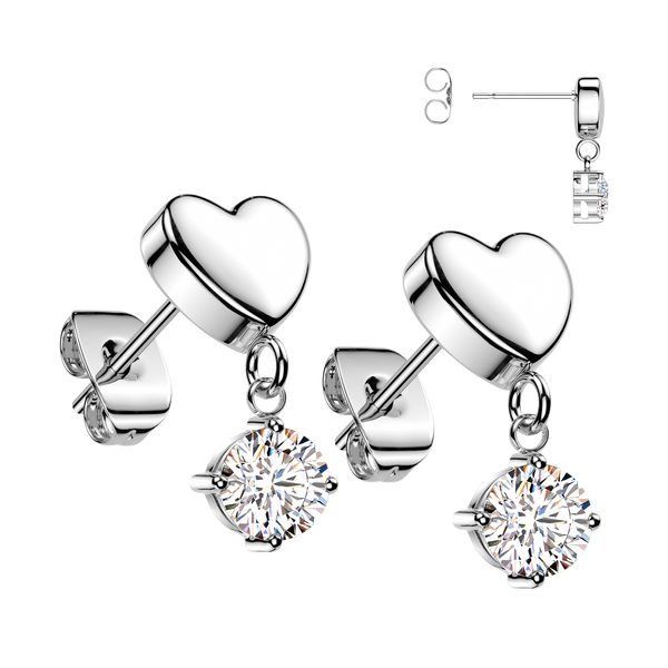 Pair of 316L Surgical Steel Heart White CZ Dangle Stud Earrings