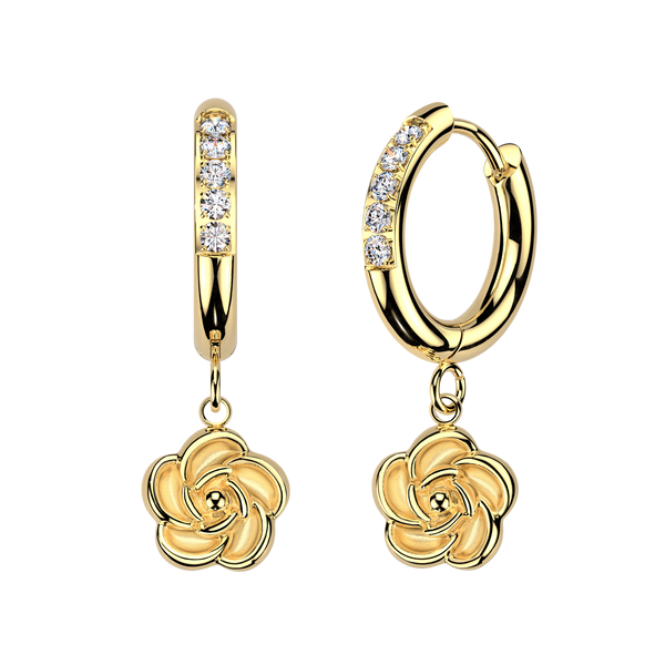 Pair of 316L Surgical Steel Gold PVD White CZ Rose Flower Dangle Hoop Earrings