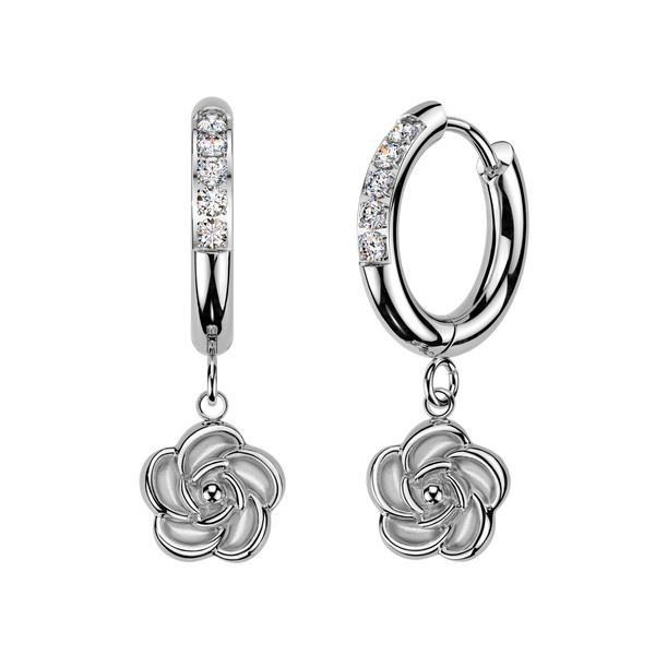 Pair of 316L Surgical Steel White CZ Rose Flower Dangle Hoop Earrings