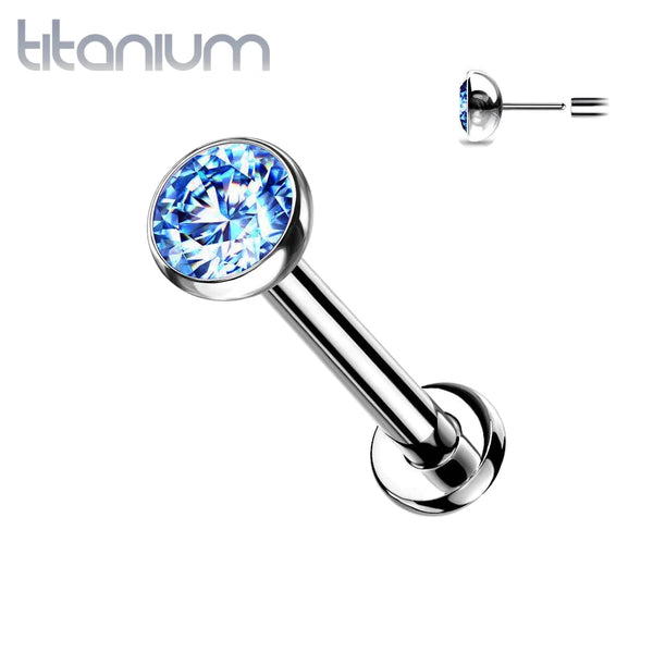 Implant Grade Titanium Threadless Push In Tragus/Cartilage Aqua CZ With Flat Back - Pierced Universe