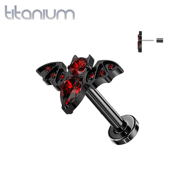 Implant Grade Titanium Black PVD Red CZ Large Flying Bat Threadless Push In Labret - Pierced Universe
