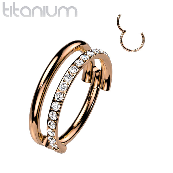 Implant Grade Titanium Rose Gold PVD Double Hoop White CZ Pave Hinged Clicker - Pierced Universe