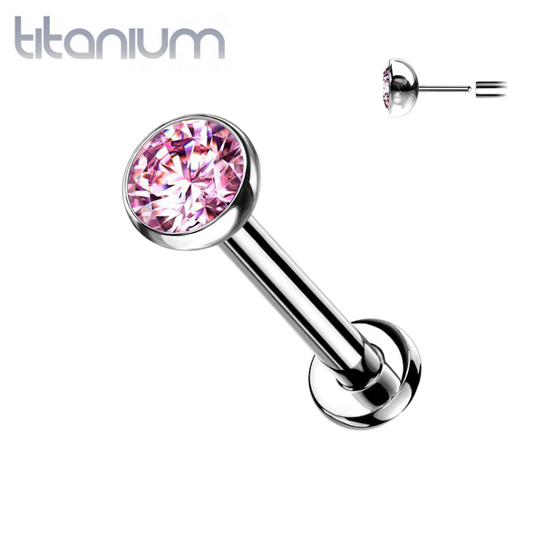 Implant Grade Titanium Threadless Push In Nose Ring Flat Back Bezel Pink CZ With Flat Back - Pierced Universe