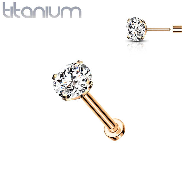 Implant Grade Titanium Rose Gold PVD Threadless Push In Labret Flat Back CZ Stud - Pierced Universe